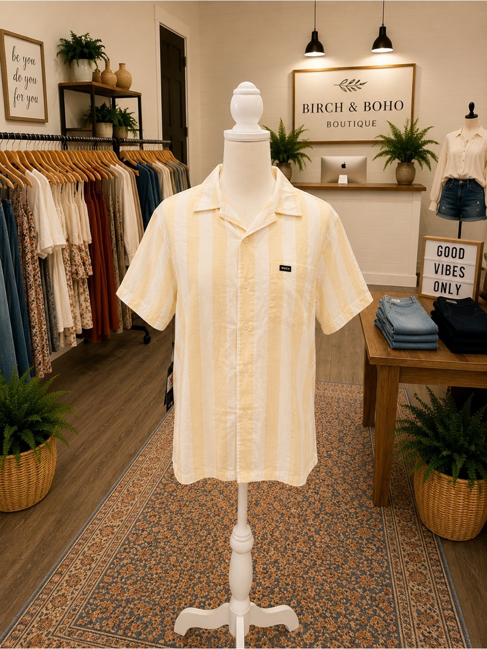 NWT RVCA Easy Fit Linen Blend Stripe Button Up Shirt Yellow Cream